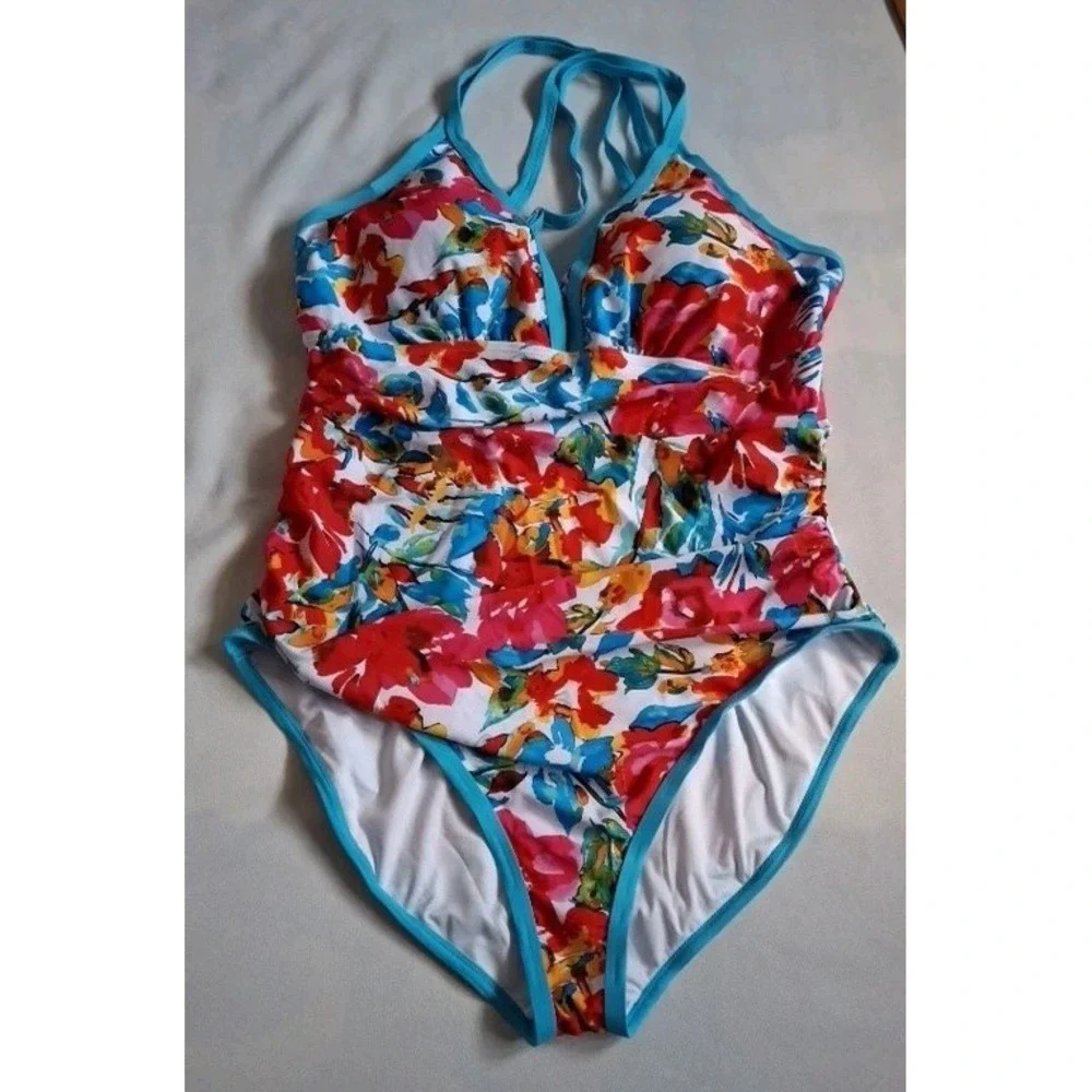 Women's‎ 2XL Floral Halter One-Piece Swimsuit Lined White Orange Red Blue